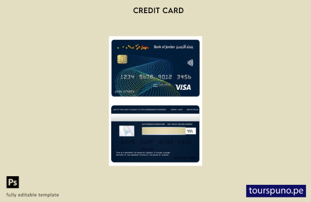 listo para imprimir plantilla de tarjeta visa dorada del Banco de Jordania de Jo